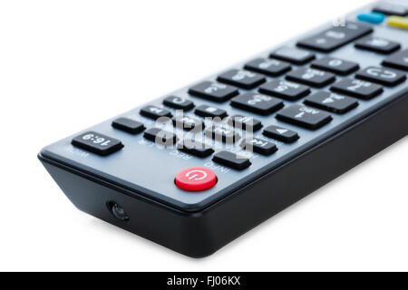 Focus on the red power button of TV remote control. Isolated on white Stock Photo