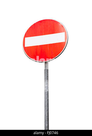 Round red sign No Entry on metal pole isolated on white Stock Photo