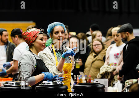 Brighton, UK. 27th Feb, 2016. Scenes from the opening day of VegfestUK, Europe's biggest vegan event. The weekend festival, held at the Brighton Centre, promotes vegan food, shopping and education. Credit:  Francesca Moore/Alamy Live News Stock Photo