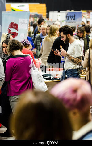 Brighton, UK. 27th Feb, 2016. Scenes from the opening day of VegfestUK, Europe's biggest vegan event. The weekend festival, held at the Brighton Centre, promotes vegan food, shopping and education. Credit:  Francesca Moore/Alamy Live News Stock Photo