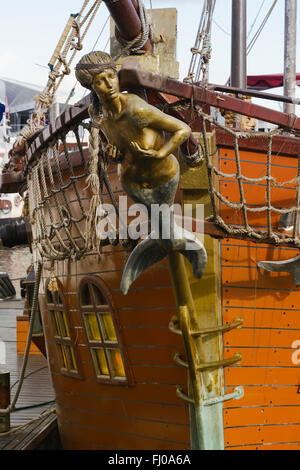 Mermaid figurehead on old sail ship. Vintage retro style. Stock Photo