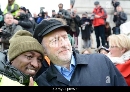 London, UK. 27th February 2016. Labour Leader, Jeremy Corbyn poses for a selfie with a CND member before he goes on stage to speak to the gathered crowds. Credit:  Marc Ward/Alamy Live News Stock Photo
