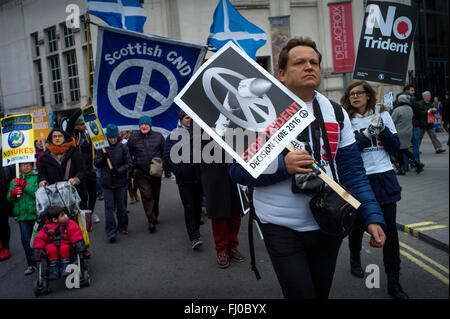 London, UK. 27th Feb, 2016. Stop Trident march from Marble Arch to, seen here, Trafalgar Square in central London today. 27 February 2016 Thousands of young and old protest against the continuation of the Trident Nuclear Missile system currently used by the British government. Credit:  BRIAN HARRIS/Alamy Live News Stock Photo