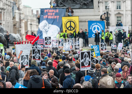 London, UK.  27 February 2016.  Thousands of people gather in Trafalgar Square for a rally to protest against the renewal of the Trident nuclear missile programme.  Union officials, faith leaders, anti-nuclear activists and anti-war campaigners showed their support and listened to speakers such as Scottish First Minister Nicola Sturgeon and Plaid Cymru leader Leanne Wood on stage. Credit:  Stephen Chung / Alamy Live News Stock Photo