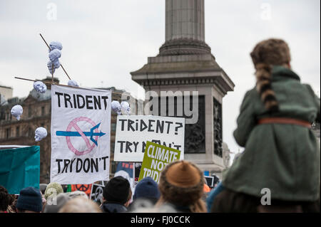 London, UK.  27 February 2016.  Thousands of people gather in Trafalgar Square for a rally to protest against the renewal of the Trident nuclear missile programme.  Union officials, faith leaders, anti-nuclear activists and anti-war campaigners showed their support and listened to speakers such as Scottish First Minister Nicola Sturgeon and Plaid Cymru leader Leanne Wood on stage. Credit:  Stephen Chung / Alamy Live News Stock Photo