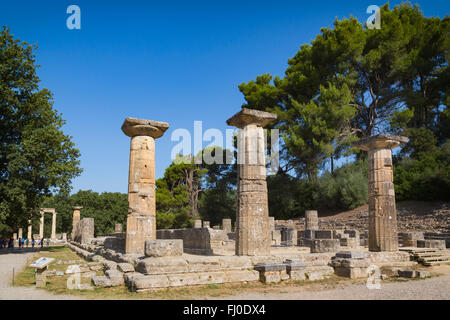 Olympia, Peloponnese, Greece.  Ancient Olympia. Remains of the Temple of Hera, dating from the end of the 7th century BC. Stock Photo