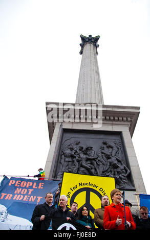 London, UK, 27 February 2016 - Nicola Sturgeon, First Minister of Scotland addresses the rally at Trafalgar Square. Thousands of people, joined by senior politicians and trade unions leaders attend a mass national demonstration against the renewal of Trident nuclear weapons in Marble Arch and rally in Trafalgar Square. The demonstration organised by Campaign for Nuclear Disarmament and supported by Stop the War Coalition. Credit:  Dinendra Haria/Alamy Live News Stock Photo