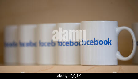 Berlin, Germany. 25th Feb, 2016. Facebook cups lined up at the Facebook Innovation Hub in Berlin, Germany, 25 February 2016. Photo: KAY NIETFELD/dpa/Alamy Live News Stock Photo