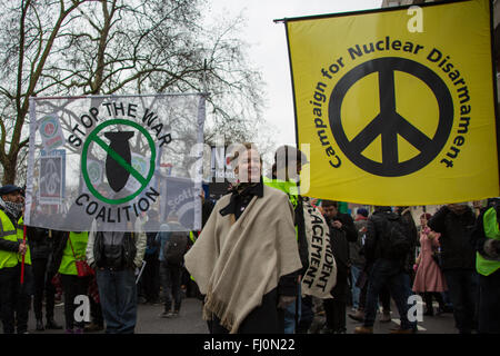 London, England. 27 Feb 2016 Kate Hudson, General Secretary of the Campaign for Nuclear Disarmament (CND) and an officer of the Stop the War Coalition joins thousands marching through central London to protest against the renewal of the Trident nuclear weapons system currently used by the British Government. Credit:  David Rowe/Alamy Live News Stock Photo
