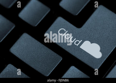 Horizontal close up of black keys on a keyboard with the word cloud and a cloud icon on one of them Stock Photo