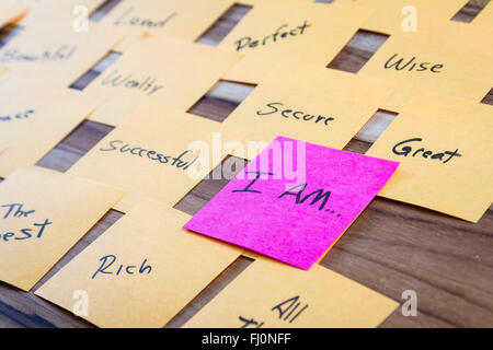 very powerful self help concept using positive messages and a I am floating above all the positive thoughts Stock Photo