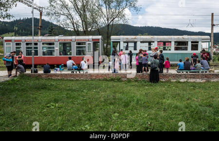 Railway Station in Bakuriani, end station of old narrow gauge railway from Borjomi to Bakuriani called 'Kukushka', Georgia Stock Photo