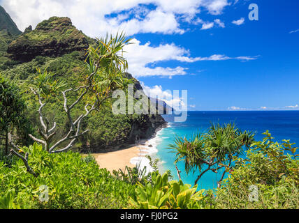 View of Hanakapiai Beach and the Na Pali Coast as seen from the Kalalau Trail on Kauai Stock Photo