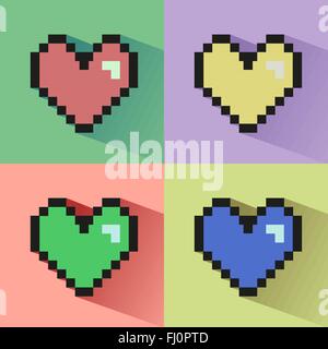 Pixelated colorful hearts digital background seamless vector pattern. Stock Vector