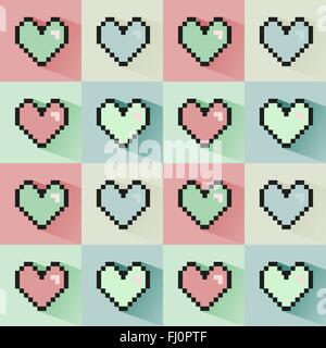 Pixelated colorful hearts digital background seamless vector pattern. Stock Vector