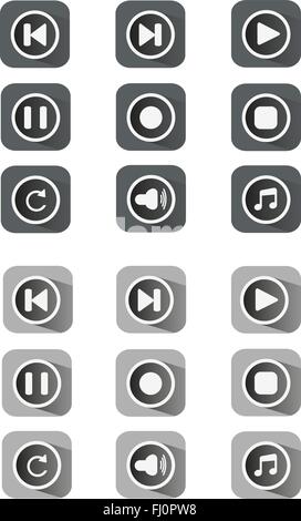 Flat icon set. Grey, black and white multimedia UI buttons set. Digital background vector illustration. Stock Vector