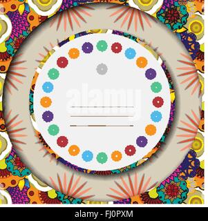 Invitation greeting card with flowers of various colors and shapes on colorful backdrop. Digital background vector illustration. Stock Vector