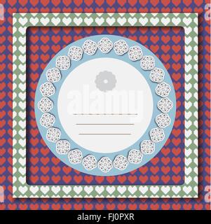 Greeting card painted in pastel colors with white flowers on cyan backdrop surrounded by red hearts. Digital vector illustration Stock Vector