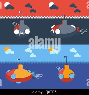 Yellow and gray submarine underwater, front and side view. Kids book picture. Digital background vector illustration. Stock Vector