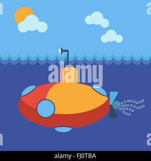 Yellow submarine underwater side view. Kids book picture. Digital background vector illustration. Stock Vector