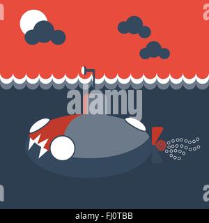 Gray submarine underwater side view. Kids book picture. Digital background vector illustration Stock Vector