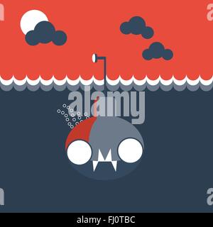 Gray submarine underwater front view. Kids book picture. Digital background vector illustration. Stock Vector