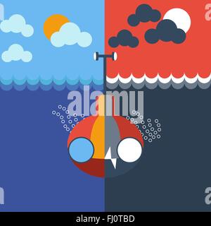 Yellow and gray submarine mix underwater, front view. Two different color schemes. Kids book picture. Digital background vector Stock Vector