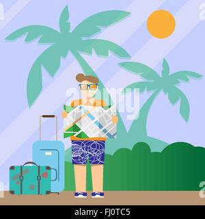 Tourist with map and suitcases. Travel digital vector background colorful illustration. Last minute deal leaflet. Stock Vector
