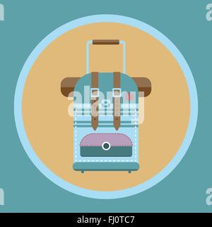 Tourist bag with wheels and handle flat icon. Travel digital vector background illustration. Summer infographics. Stock Vector