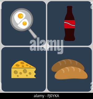 Never miss your breakfast concept. Classic English breakfast. Two fried eggs on frying pan, drink, cheese, bread. Digital vector Stock Vector