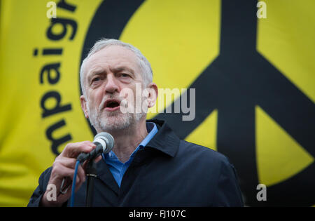 London, UK. 27th Feb, 2016. British Labour Leader Jeremy Corbyn speaks during an anti-Trident protest at Trafalgar Square in London, Britain on Feb. 27, 2016. The Stop Trident Event was organised by the Campaign for Nuclear Disarmament here on Saturday. Credit:  Richard Washbrooke/Xinhua/Alamy Live News Stock Photo