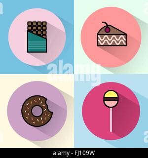 Yummy sweet treats concept. Chocolate Bar. Cake Slice with Cherry on top. Piece of Brownie. Chocolate cream donut with sprinkles Stock Vector