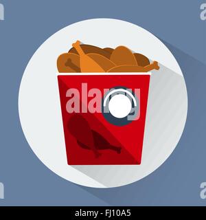 Bucket of chicken legs round icon. Snacks. Fast food. Digital vector flat illustration Stock Vector