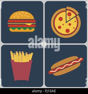 Snacks icon set. Cheeseburger with salad leaves, ham and sesame seeds. Pizza slice. French Fries Packet. Hot Dog. Fast food. Stock Vector