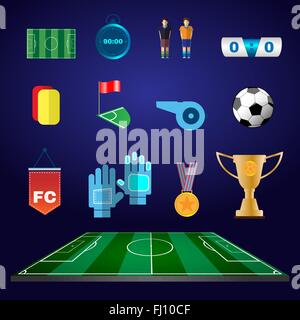 Soccer Game Icons. Football Elements - Playfield, Stopwatch, Flag, Medal, Gold Cup, Ball, Players and others. Digital background Stock Vector