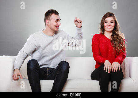 Happy couple having fun and fooling around. Joyful man and woman have nice time. Good relationship. Stock Photo