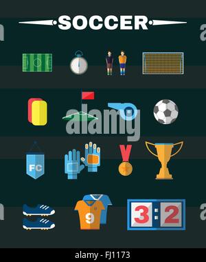 Soccer Game Icons. Football Elements - Playfield, Stopwatch, Flag, Medal, Gold Cup, Ball, Players and others. Digital background Stock Vector