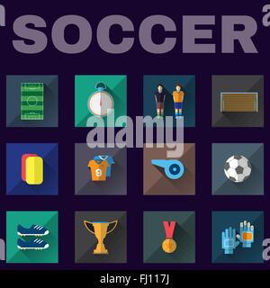 Soccer Game Icons. Football Elements - Playfield, Stopwatch, Flag, Medal, Gold Cup, Ball, Players and others. Digital background Stock Vector