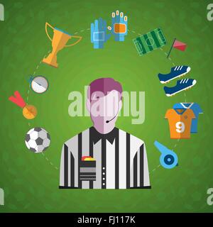 Big Soccer icon set. Referee with Microphone surrounded by Soccer Game items Digital background vector illustration. Stock Vector