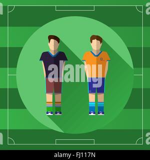 Two Soccer Players in Different Team Sportswear on the Game Field template backdrop. Outdoor Sports digital background vector. Stock Vector