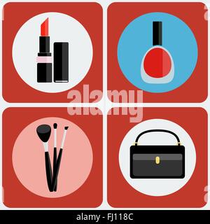 Make up tools icon set. Red Lipstick. Nail polish. Make up brushes. Cosmetics case. Beauty industry. Digital background vector. Stock Vector