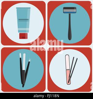 Beauty tools icon set. Shaving Cream, Razor. Manicure kit, Nail File, Cuticle pusher, remover. Tweezers. Digital background. Stock Vector