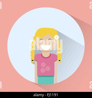 Smiling little Girl round icon. Little Girl with Blonde Braided Hair in pink T-shirt and turquoise Skirt. Happy Family concept. Stock Vector