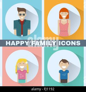 Happy Family concept. Colorful family portrait icon set. Mother, Father, Kids, Daughter, Son. People silhouettes. Stock Vector