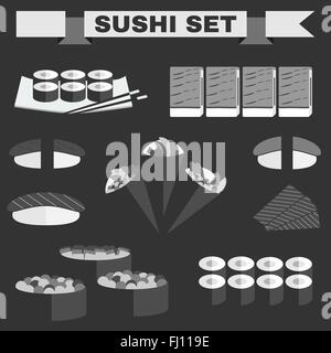 Big icon set of sushi. Different sushi types platter with chopsticks. Sushi Rolls, Salmon, Tuna, Sushi Cones in Nori Sheets. Stock Vector