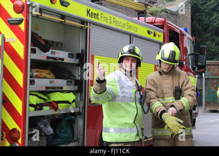 Sevenoaks, Kent, UK. 26th Feb, 2016.  Five fire engines, around 25 firefighters and a height vehicle were involved in the simulated fire scenario at Tubs Hill House on the London Road. Crews responding to a 999 emergency call from contractors working in the building, which consists of two towers, each of eight floors. The drama unfolds after fire breaks out between the seventh and eighth floors with four people reported as missing. Credit:  HOT SHOTS/Alamy Live News Stock Photo