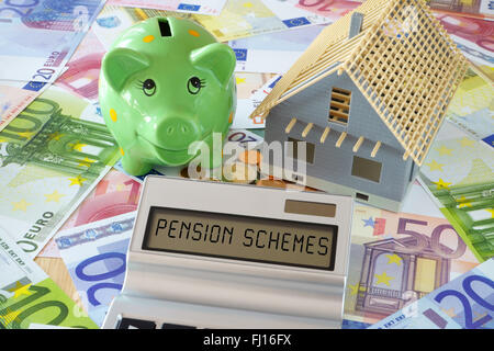 Pocket calculator with the words Pension Schemes on the display. Green Piggy Bank and a model of a new Ownership Stock Photo