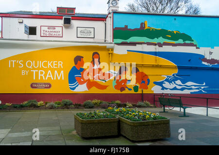 Public Art a mural in Scarborough promoting the Central Tramway Company's railway operating from the town centre to beach Stock Photo