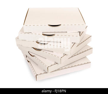 Small stack of blank pizza boxes isolated on a white background. Stock Photo