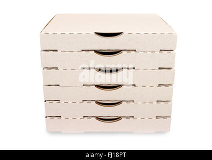 Small stack of blank pizza boxes isolated on a white background. Stock Photo